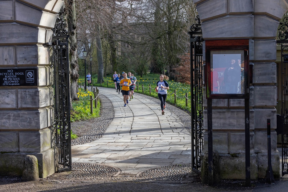 Picture of college gate with runners